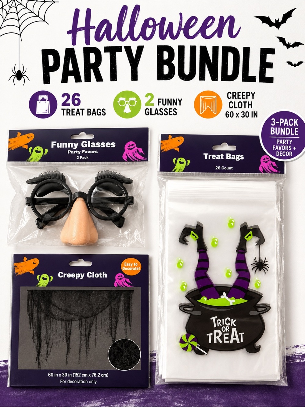 Halloween Party Decor Bundle Treat Bags Funny Glasses Creepy Cloth